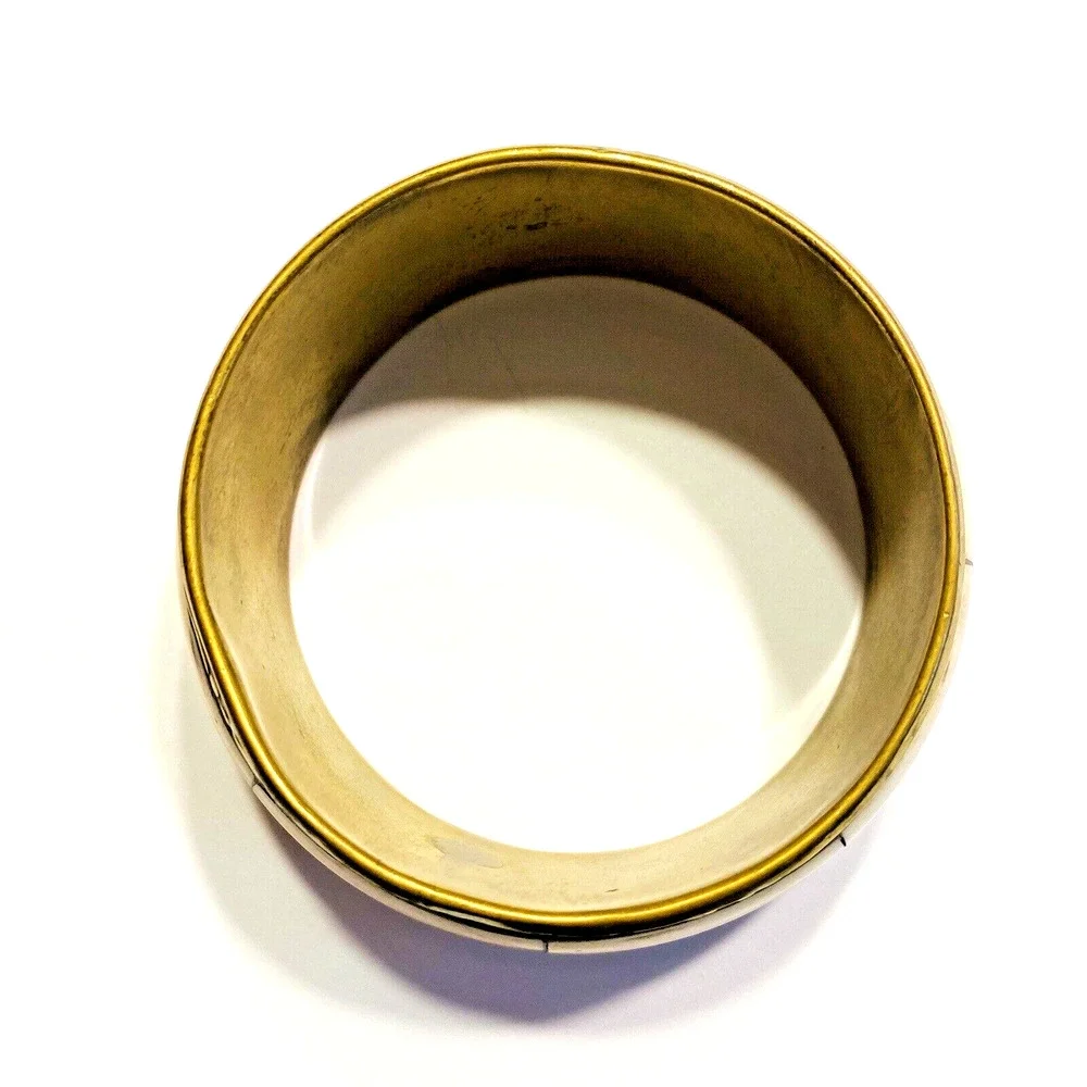 Vintage Bangle Bracelet Embossed Brass & Faux Bone Panel Inlay Tribal Boho Chic